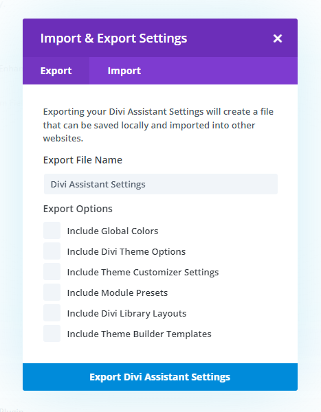 Screenshot of Divi theme import and export settings menu.