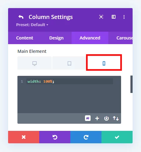 Column settings interface in a website builder.