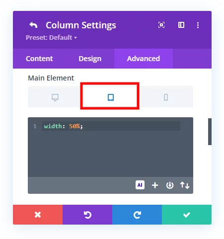 Column settings interface with design options open.