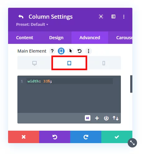 Screenshot of website column settings interface.