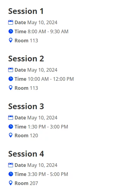 Event schedule with sessions, dates, times, and room numbers.