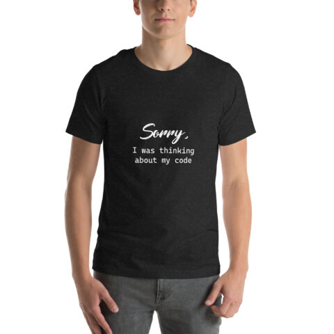 Man wearing coding-themed T-shirt.