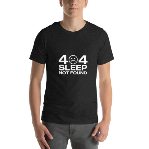 Man in humorous "404 Sleep Not Found" t-shirt.