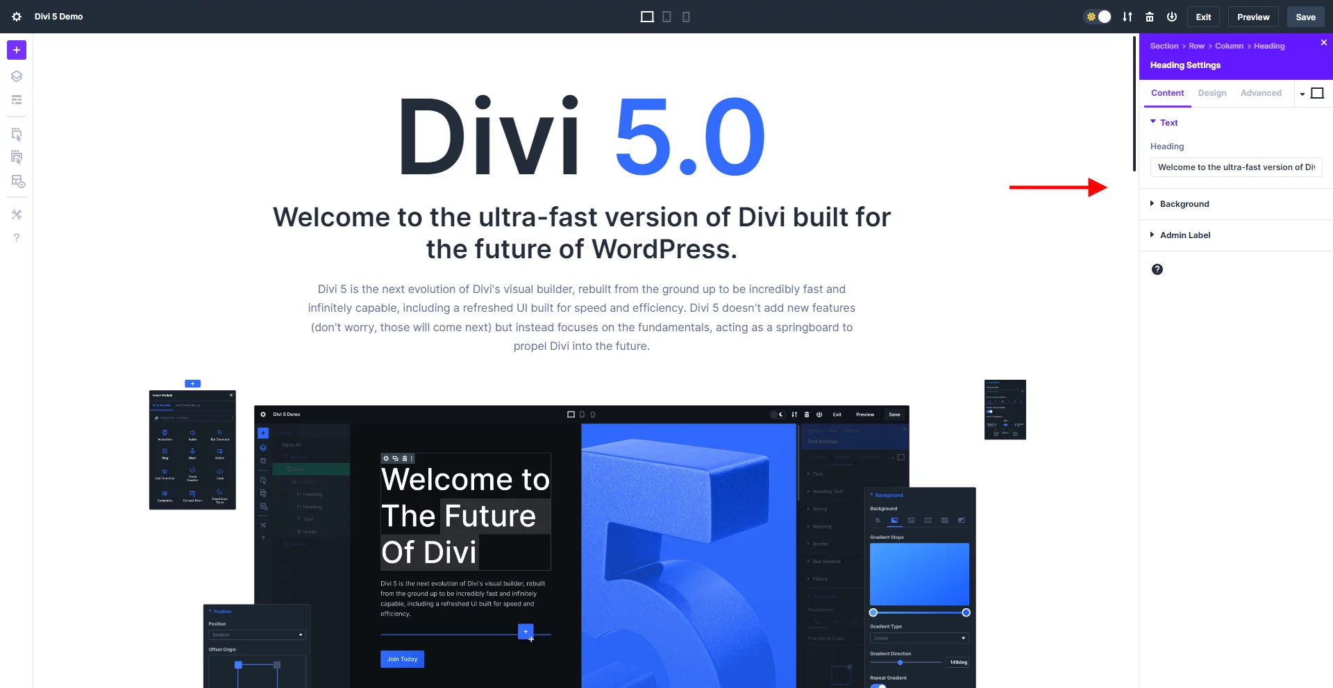 default docked settings window on the right side in the Divi 5 interface