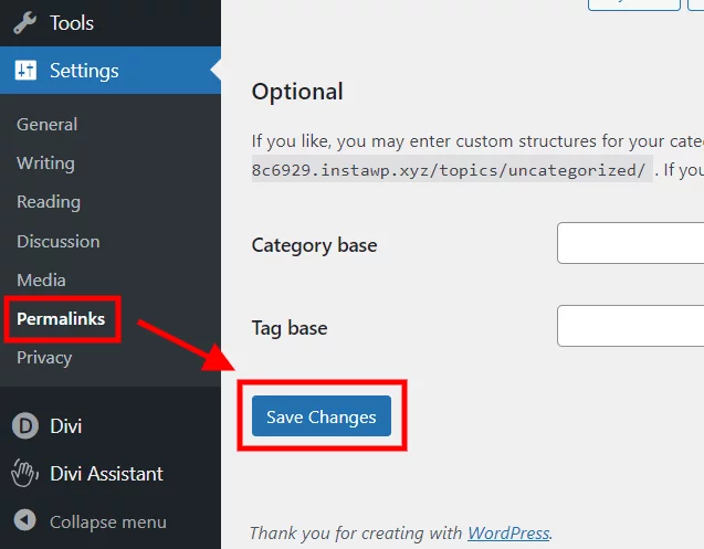 fix the missing Divi Library layouts issue by saving permalinks settings WordPress settings screen highlighting 'Permalinks' and 'Save Changes' buttons.