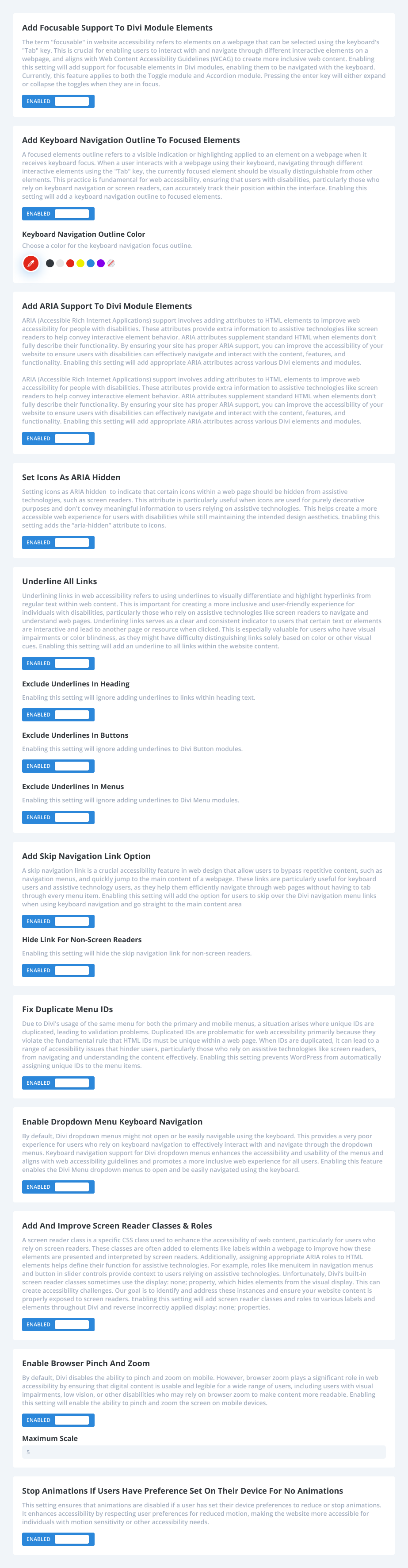 all the accessibility settings in the Accessibility Helper in the Divi Assistant Plugin 1.1
