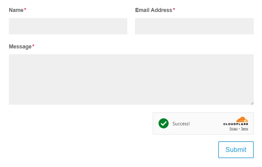 example of a contact form using Cloudflare Turnstile in the Divi Contact Form Helper Plugin by Pee-Aye Creative Success message with Cloudflare logo displayed.