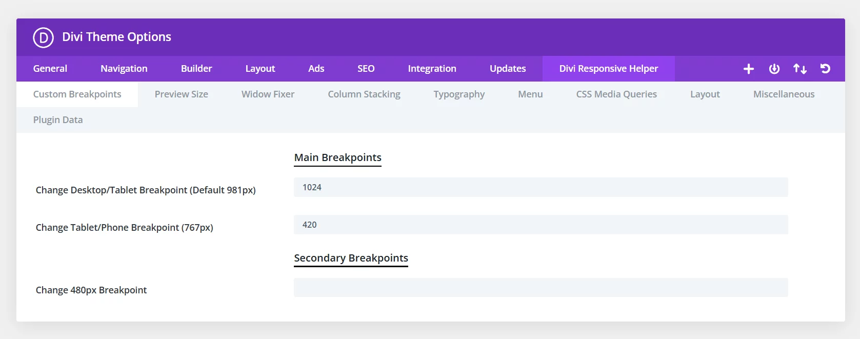 custom breakpoints feature in Divi Responsive Helper