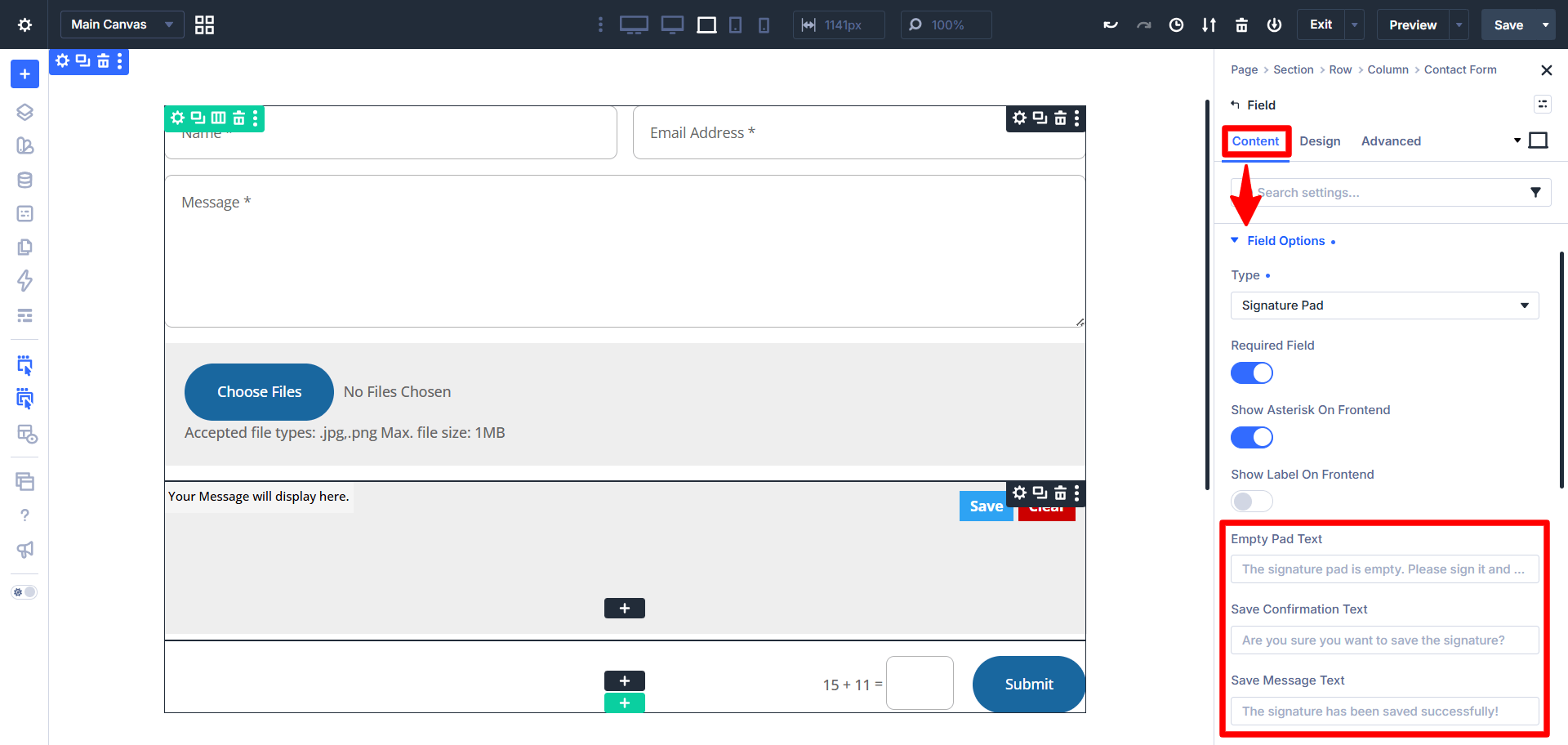 customize signature field text in divi 5 using the divi contact form helper plugin created by pee aye creative