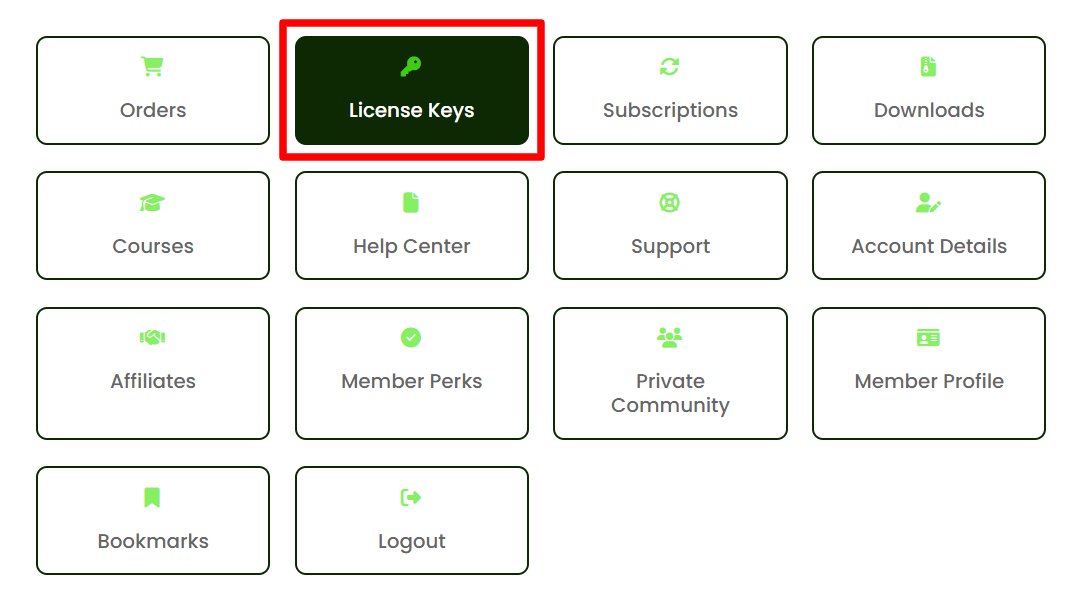 User interface showing subscriptions and license keys management.