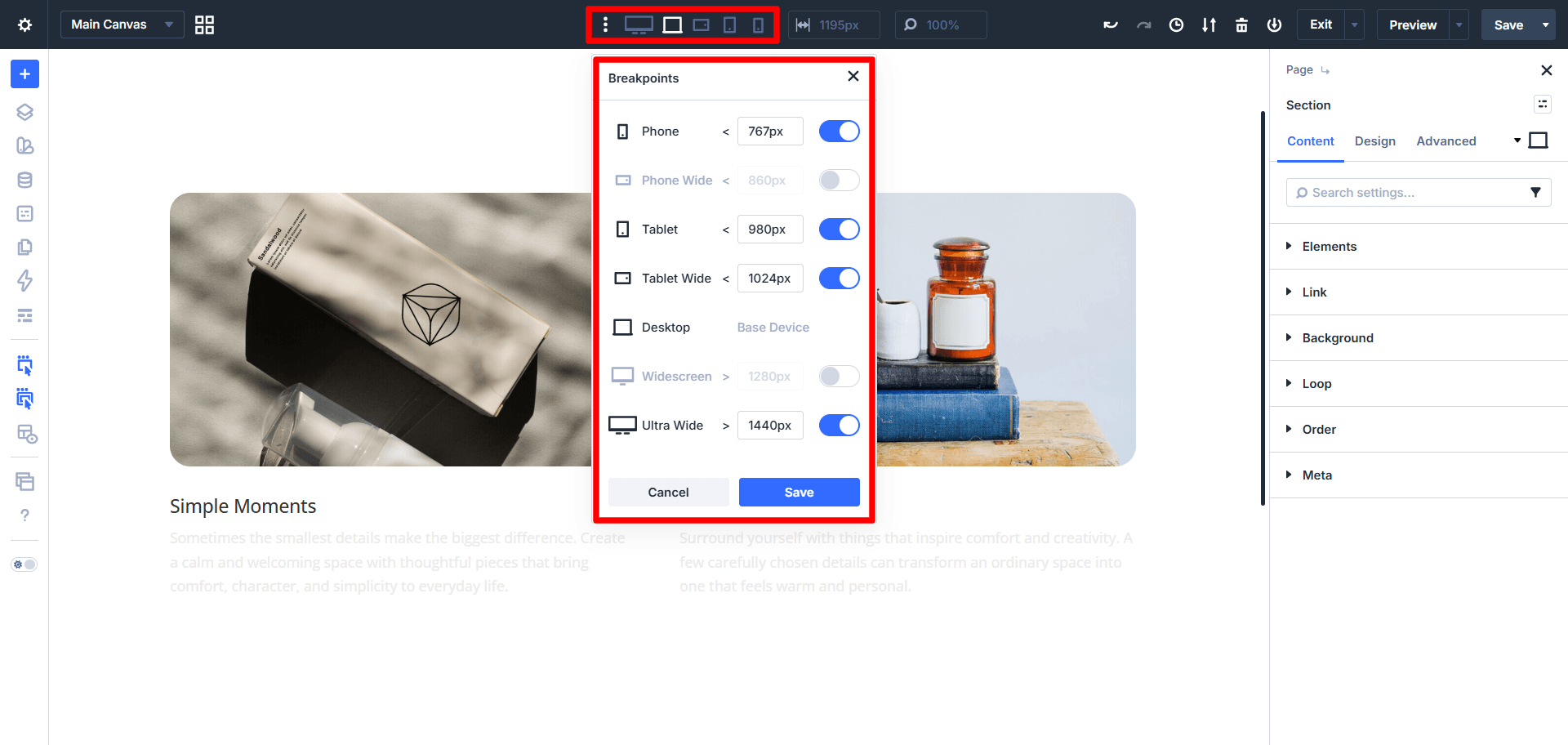 default responsive breakpoint values automatically available in the divi 5 builder
