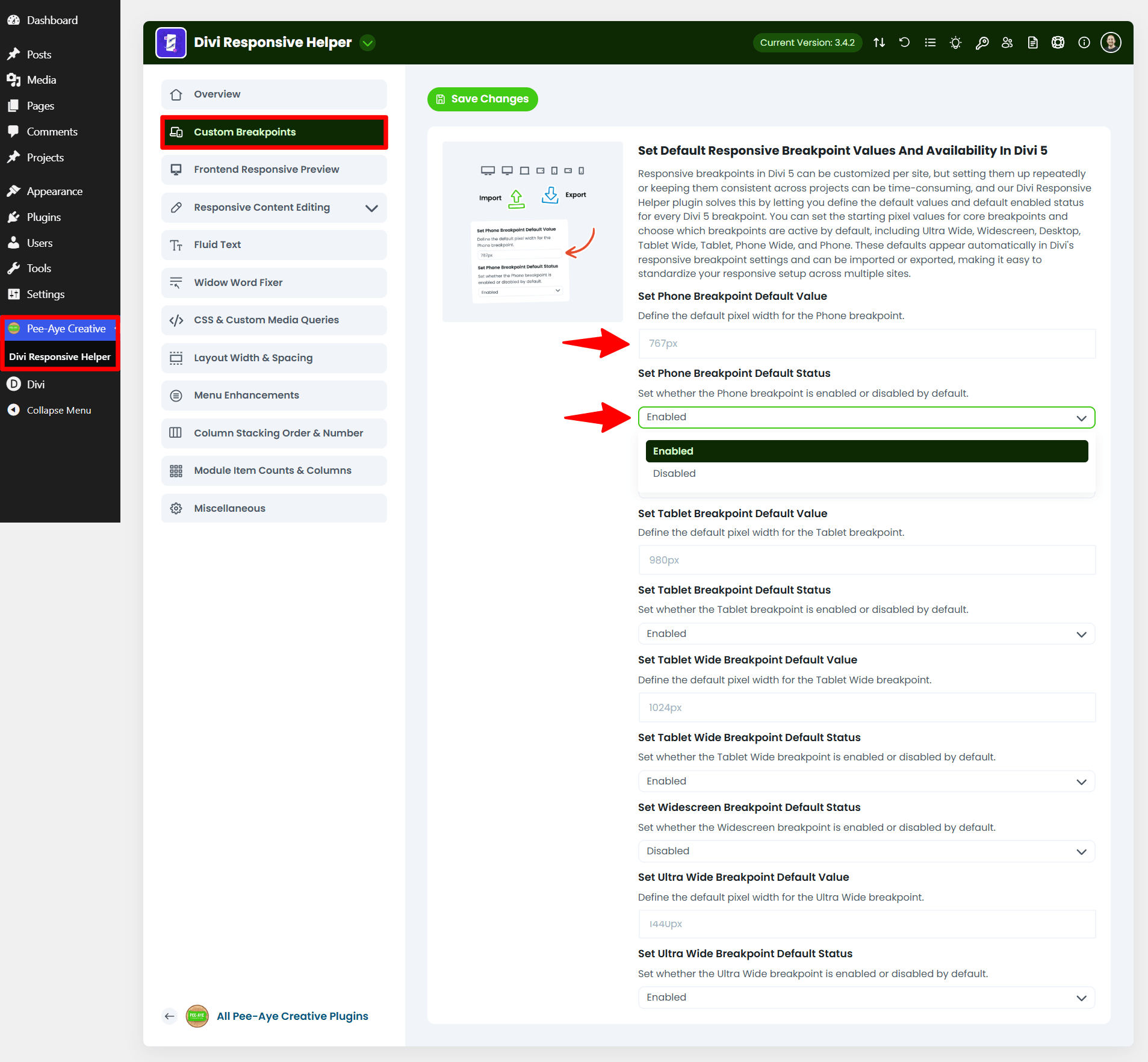 set default responsive breakpoint values in divi 5