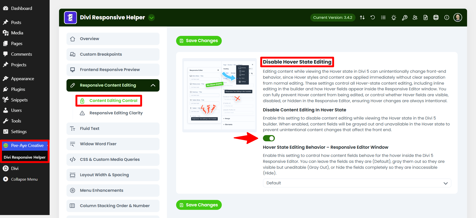 disable hover state content editing in divi 5