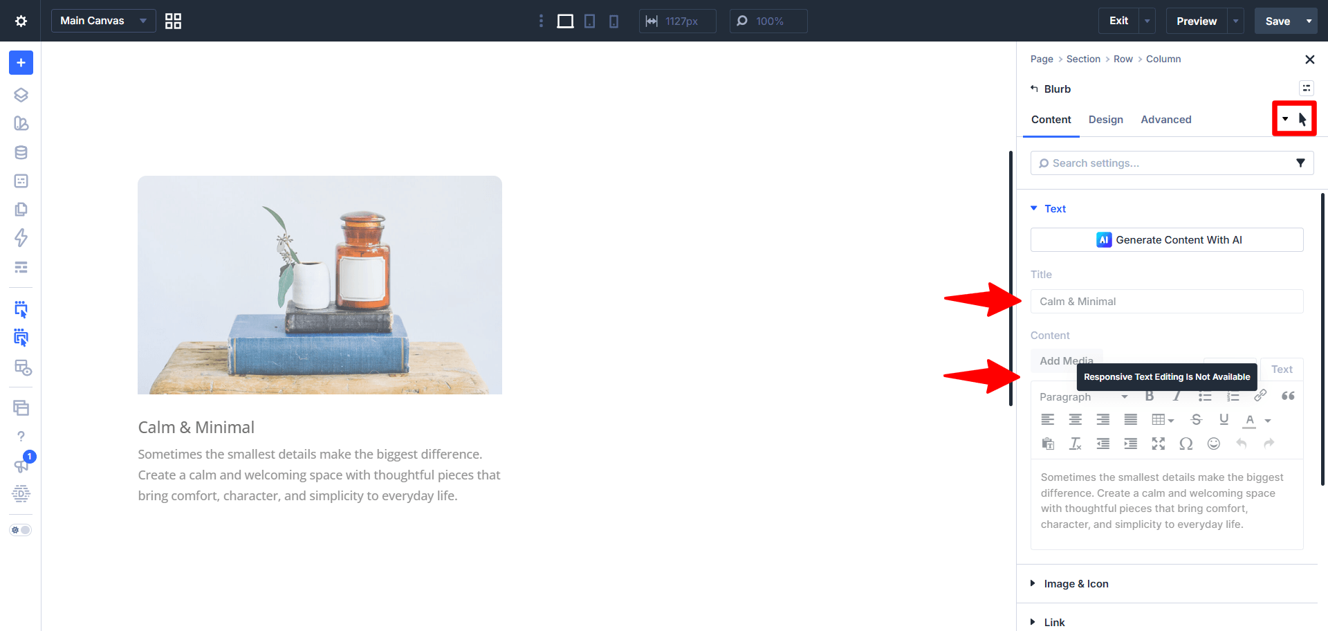 disable hover state content editing in divi 5 builder