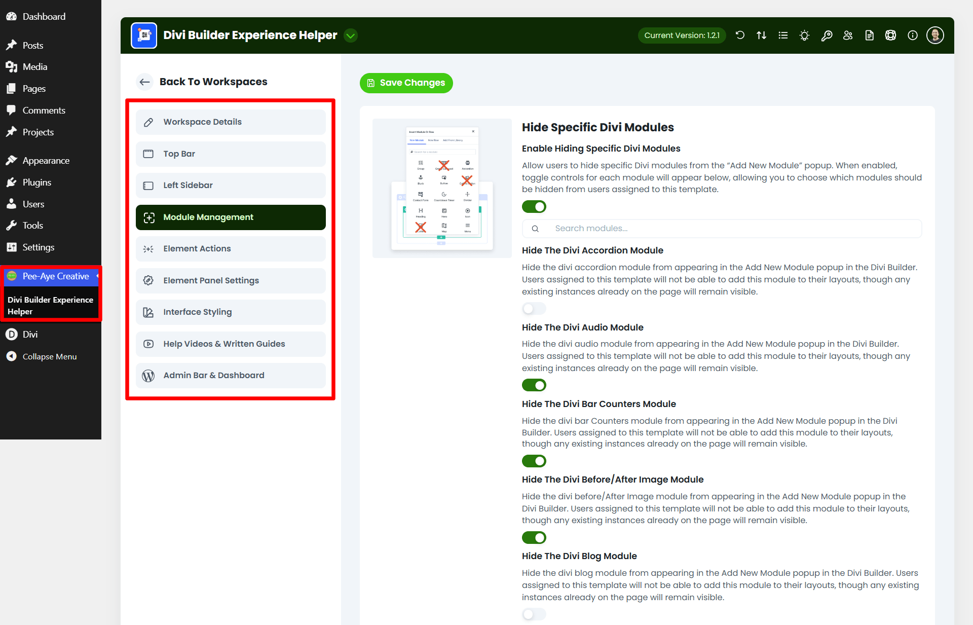 hide modules using divi builder experience helper plugin by pee aye creative