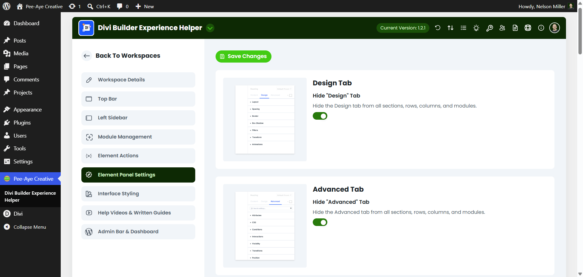 hide tabs using divi builder experience helper plugin by pee aye creative