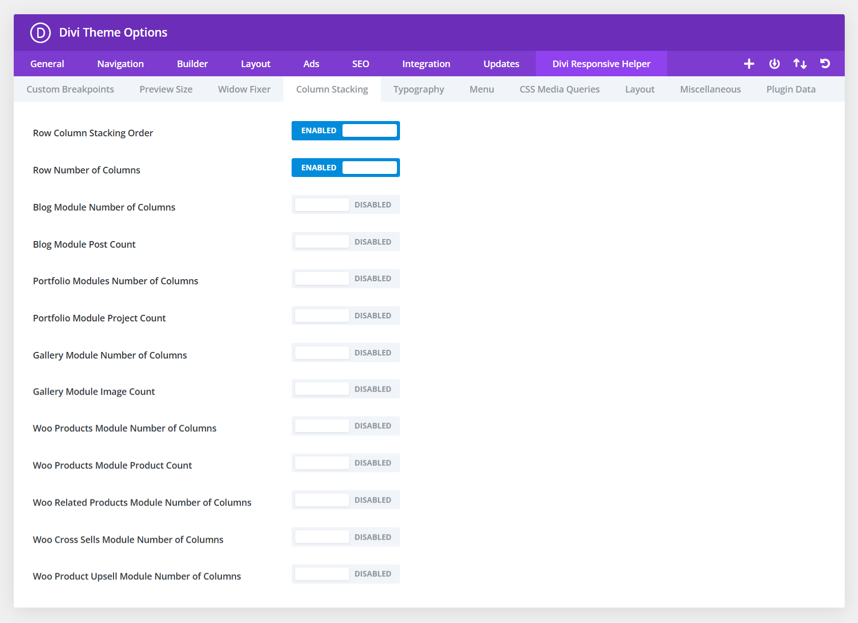 Divi Responsive Helper Row Number of Columns Setting
