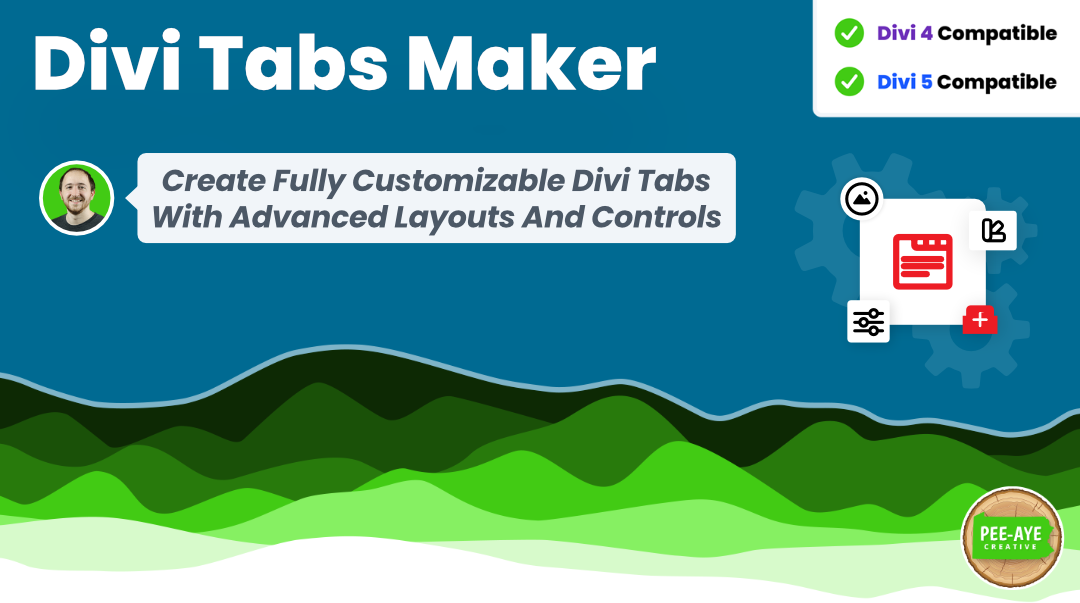 Divi Tabs Maker promotional banner with features