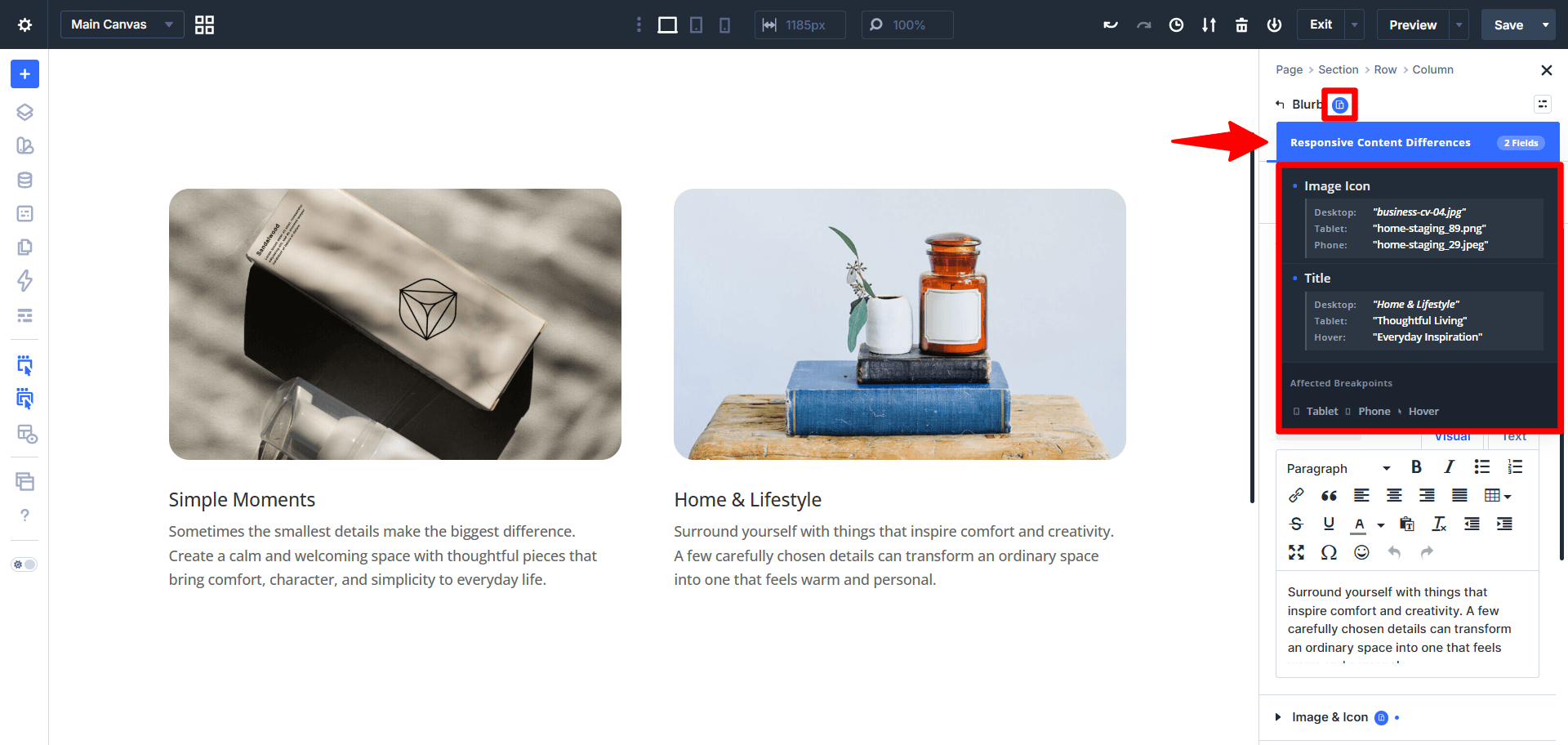 responsive content indicator on module in divi 5