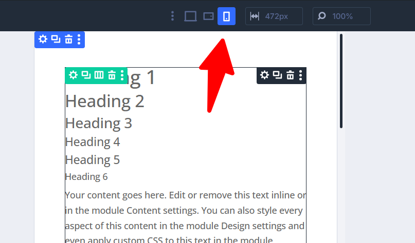 Website builder interface with red arrow indicator