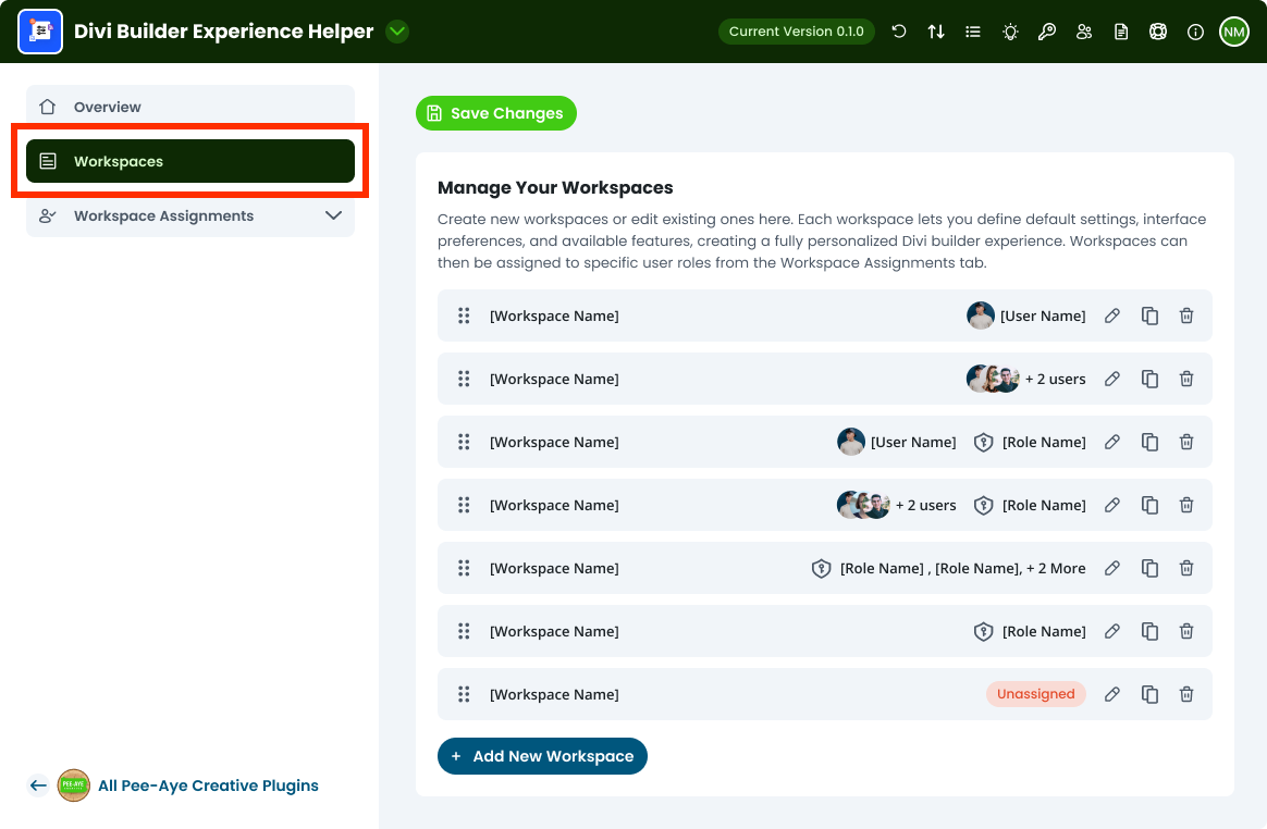 access workspaces in the divi builder experience helper plugin by pee aye creative