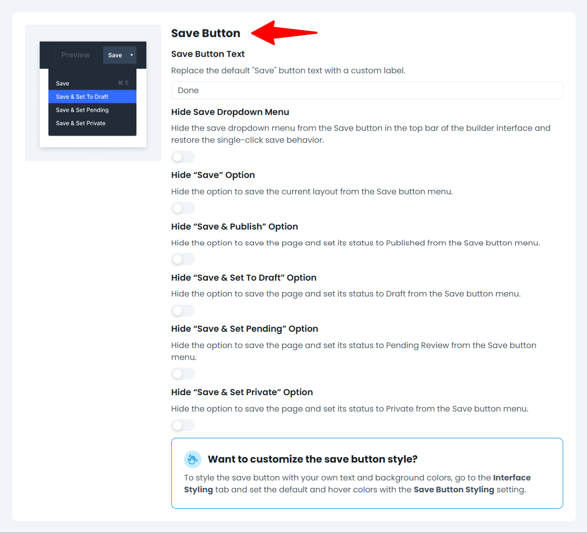 Save button settings panel with customization options