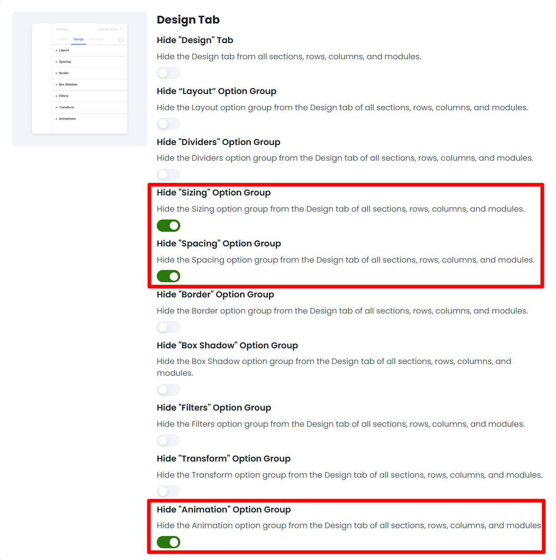 Design tab settings with toggle options enabled