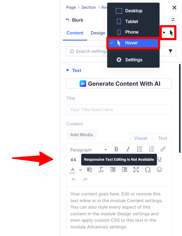 Website builder showing hover mode and text editor