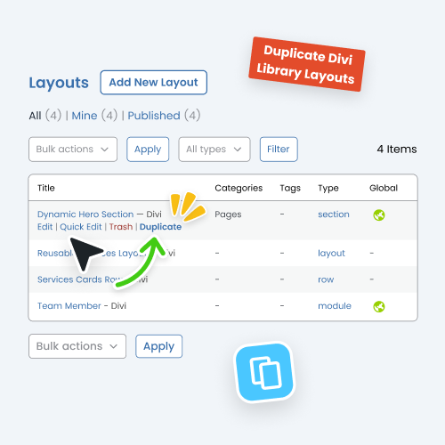 Instantly Duplicate Divi Library Layouts, Sections, Rows, And Modules