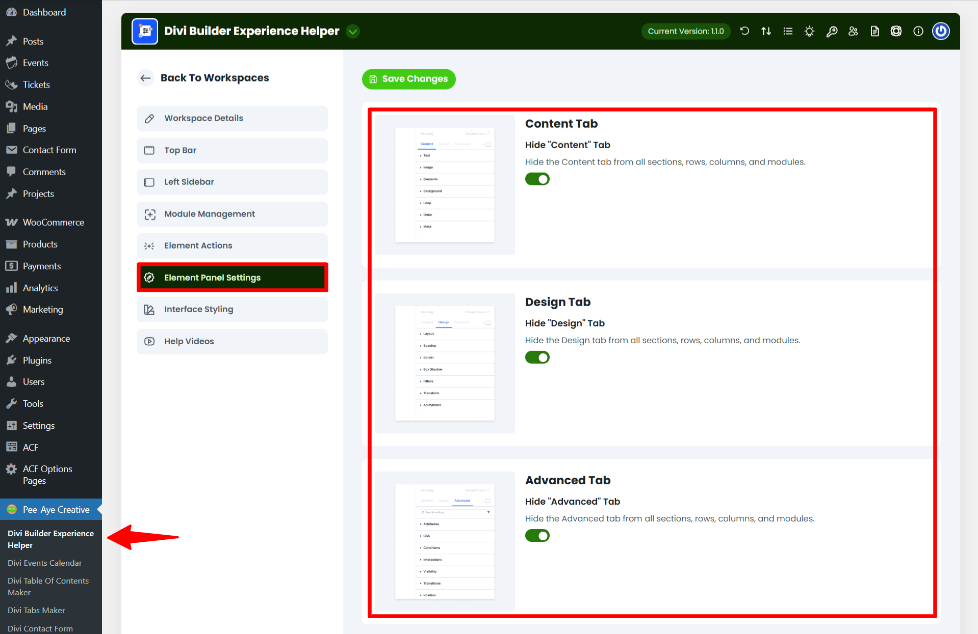 Divi Builder Element Panel Settings screen