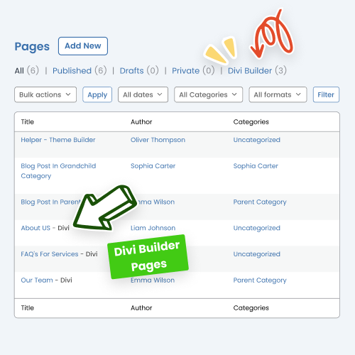 filter for pages & posts feature in the divi assistant plugin by pee aye creative