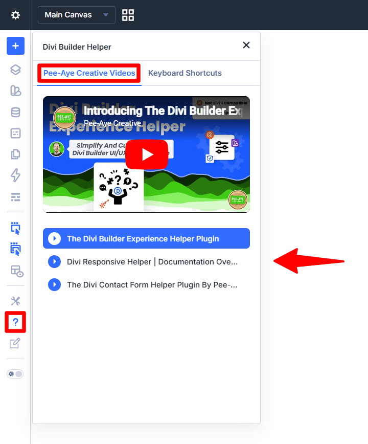 Divi Builder Helper video panel interface