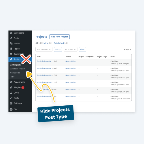 Hide The Divi Projects Post Type From The WordPress Dashboard