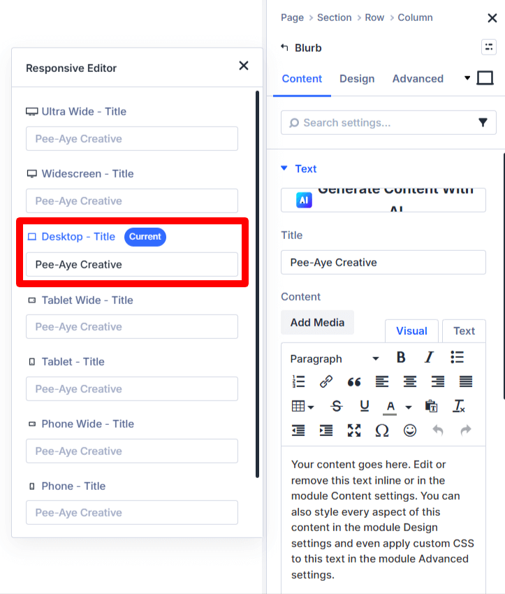 Responsive editor with desktop title highlighted