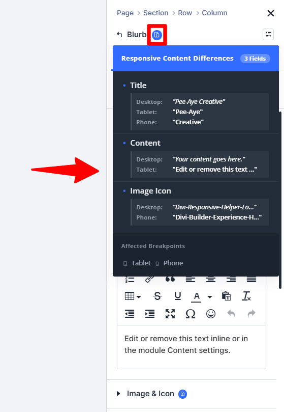 Responsive content settings panel with highlighted copy icon