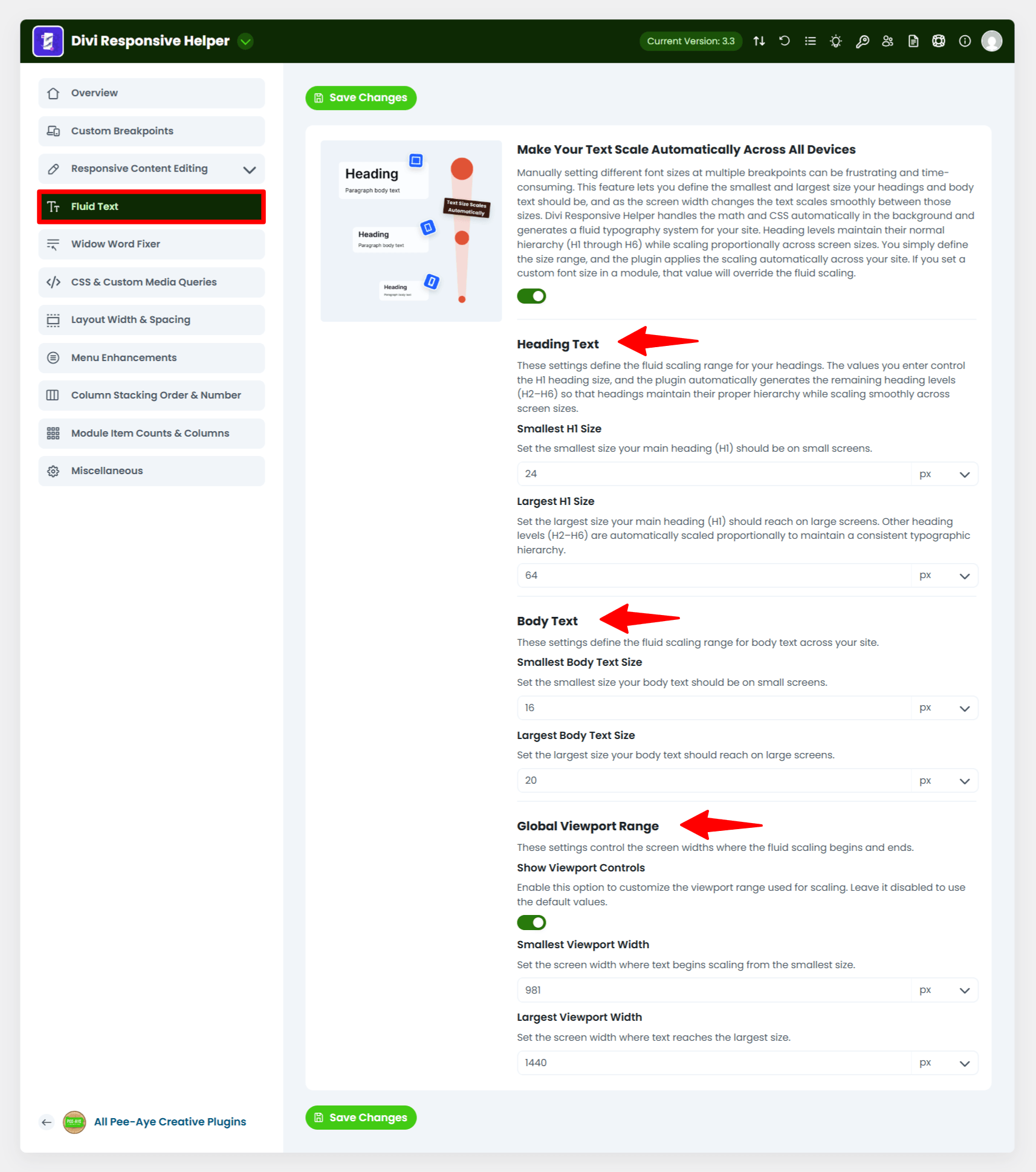 Divi Responsive Helper Fluid Text settings panel