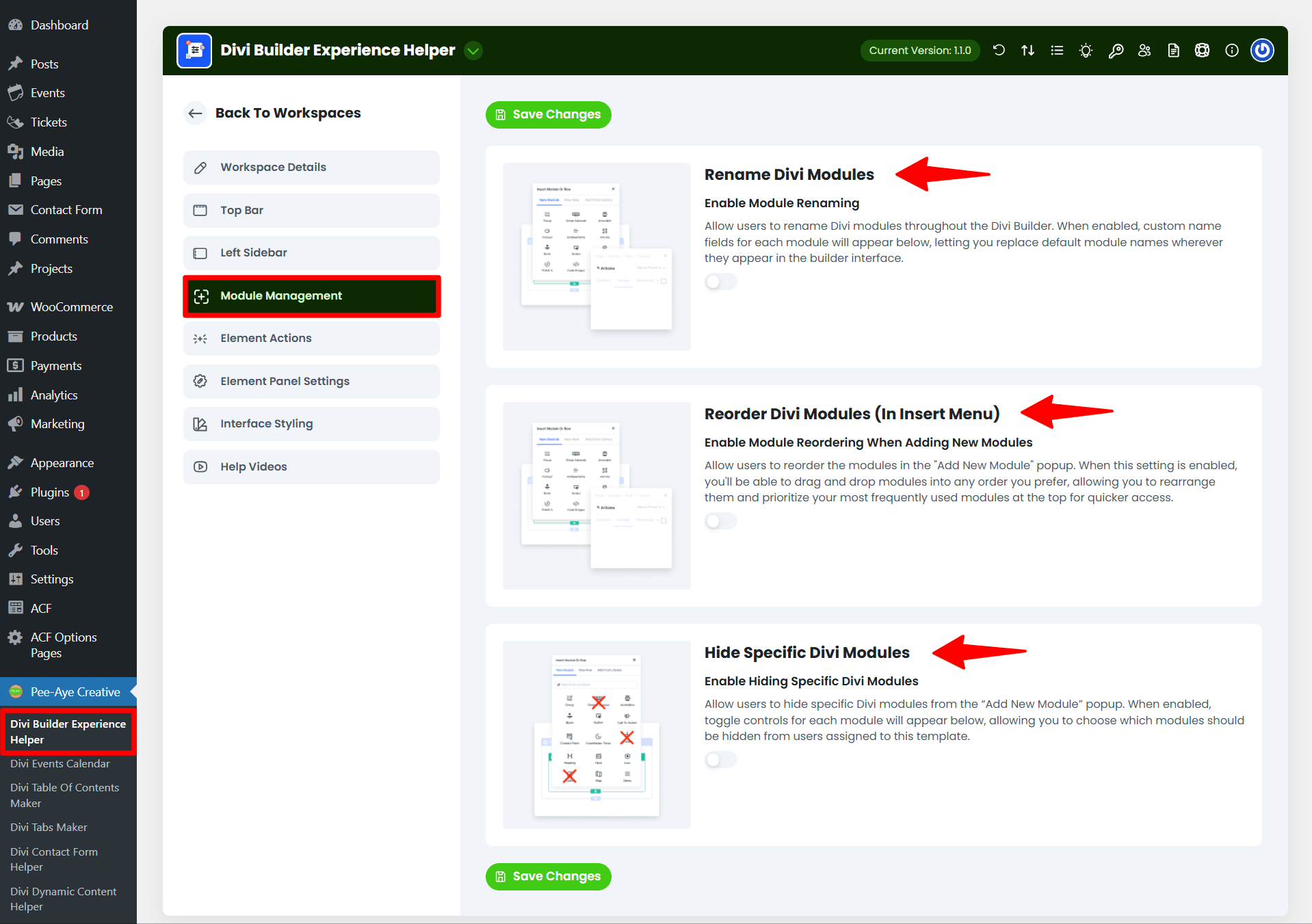 Divi Builder module management settings screen
