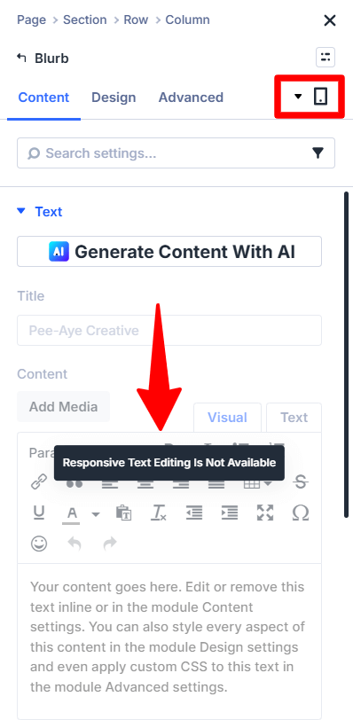 Website builder showing responsive text editing unavailable message