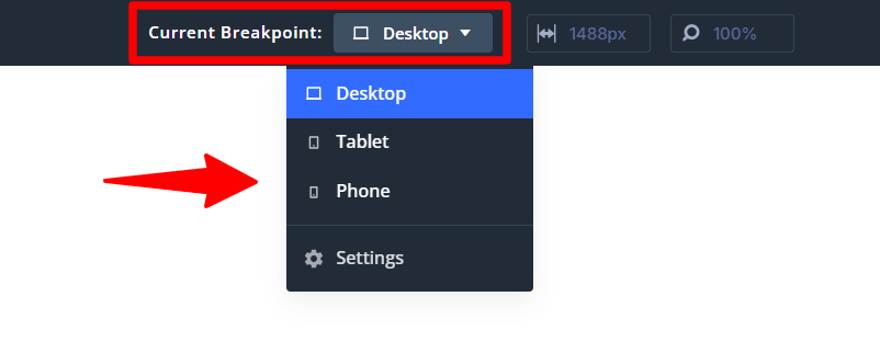 Responsive breakpoint menu showing desktop, tablet, phone options