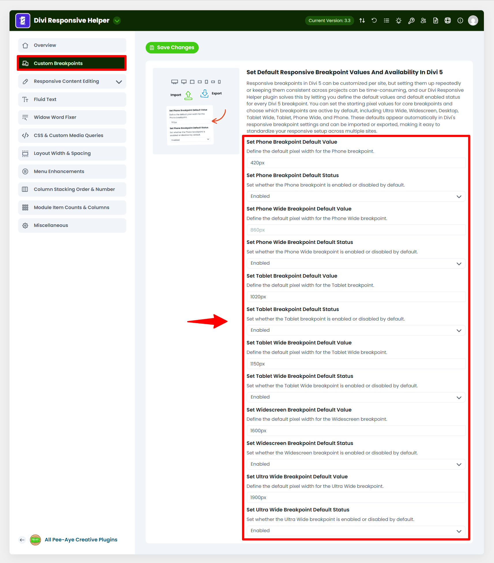 Divi Responsive Helper custom breakpoints settings panel
