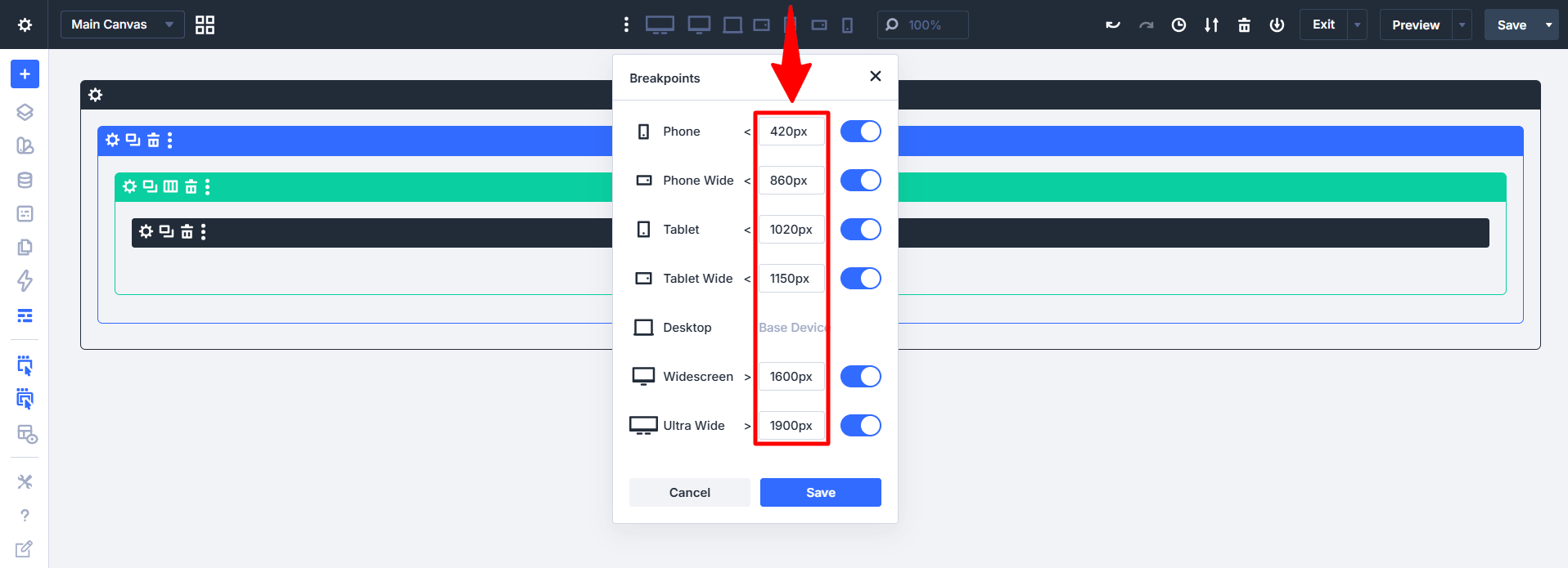 Website builder breakpoints settings panel with device widths