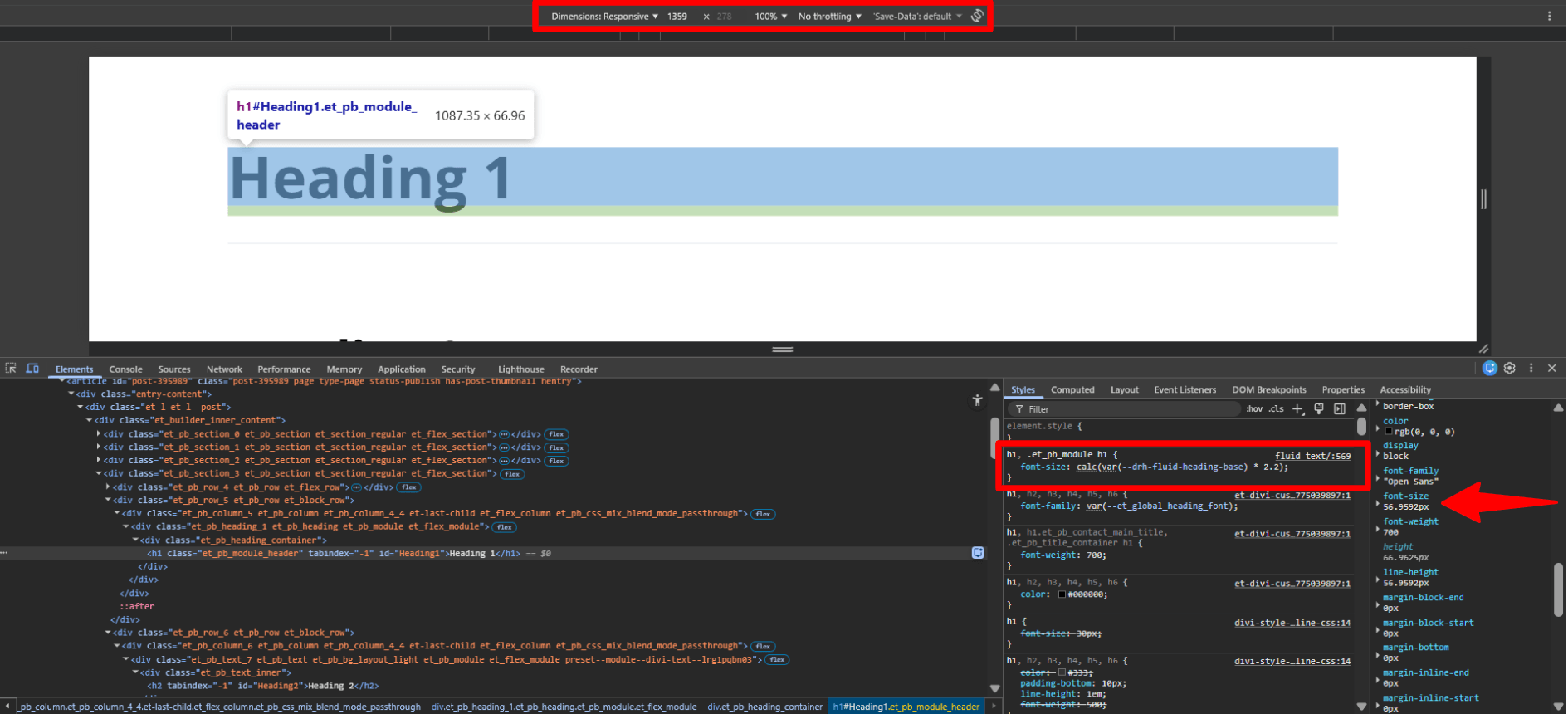 Browser developer tools inspecting Heading 1 element