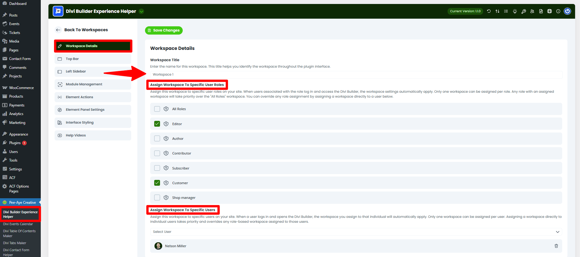 Divi Builder workspace user role settings screen