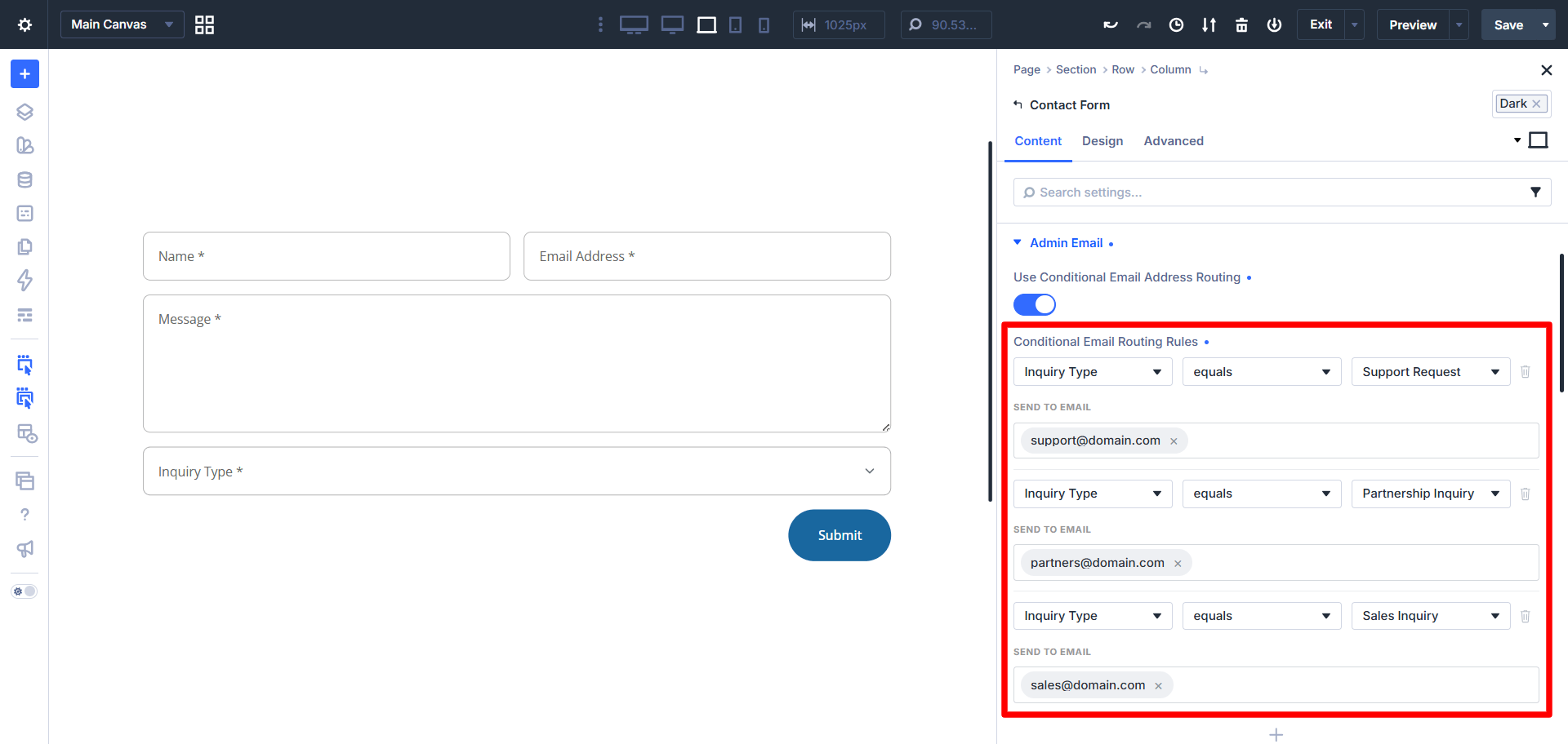 add or create conditional email routing rules in the contact form module using divi contact form helper plugin created by pee aye creative