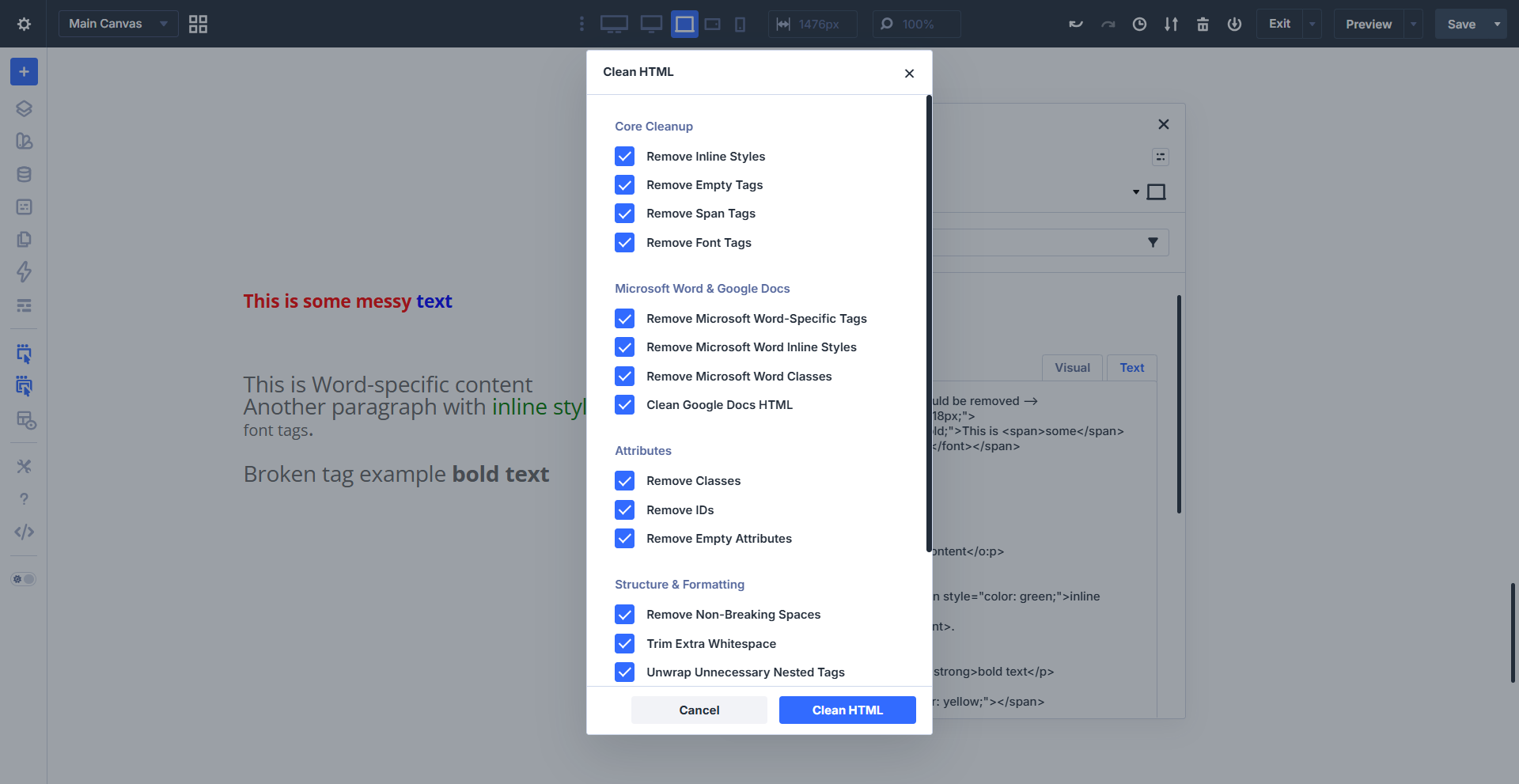 html cleaner window in the divi builder text areas with divi assistant plugin by pee aye creative