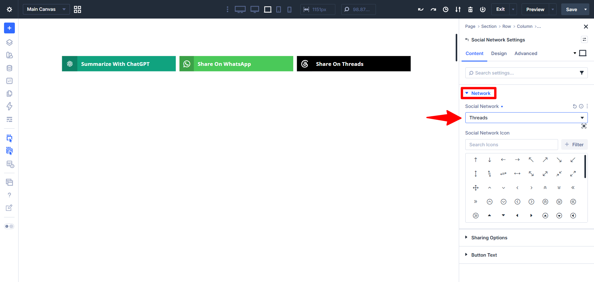 select a social network in divi 5 using the divi social sharing buttons maker plugin by pee aye creative