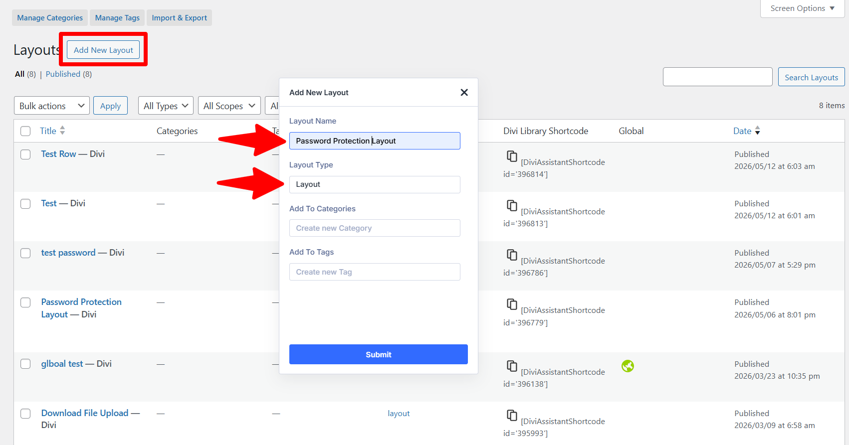 add new password protection divi library layout in the divi assistant plugin by pee aye creative