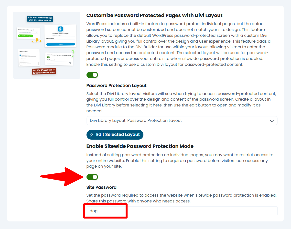 enable sitewide password protection mode in the divi assistant plugin by pee aye creative