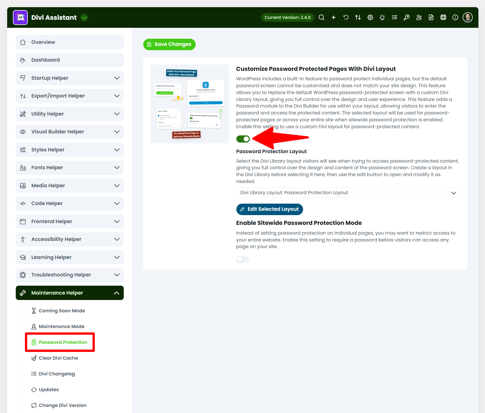 enable the password protection feature in the divi assistant plugin by pee aye creative
