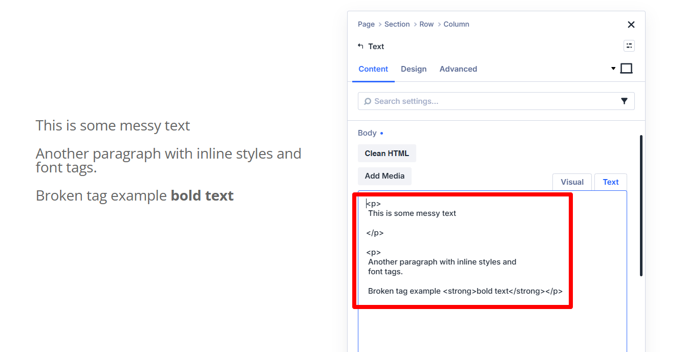 example of cleaned html in the divi builder text areas using the divi assistant plugin by pee aye creative